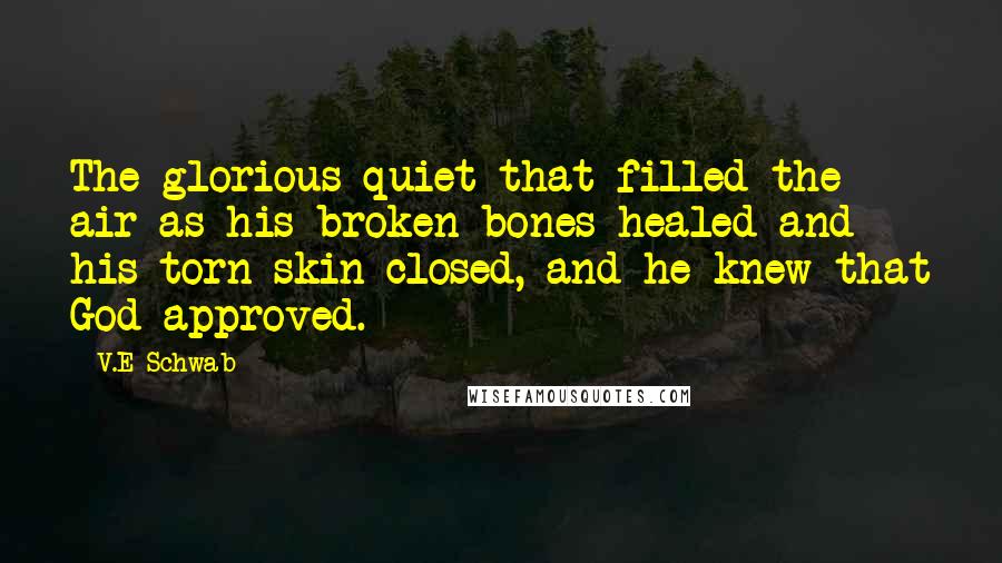 V.E Schwab Quotes: The glorious quiet that filled the air as his broken bones healed and his torn skin closed, and he knew that God approved.
