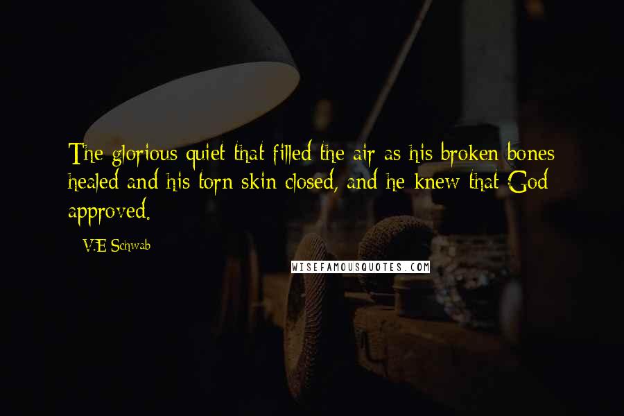V.E Schwab Quotes: The glorious quiet that filled the air as his broken bones healed and his torn skin closed, and he knew that God approved.