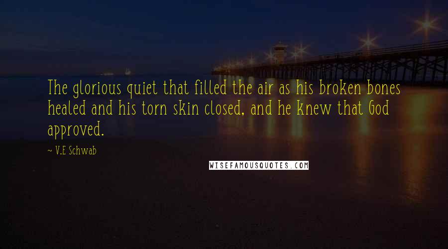 V.E Schwab Quotes: The glorious quiet that filled the air as his broken bones healed and his torn skin closed, and he knew that God approved.