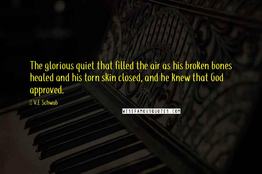 V.E Schwab Quotes: The glorious quiet that filled the air as his broken bones healed and his torn skin closed, and he knew that God approved.