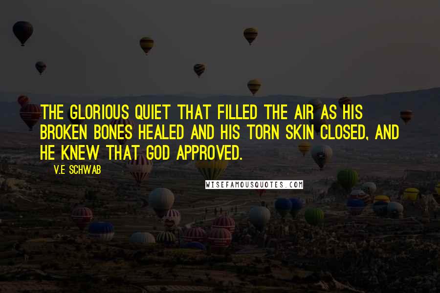 V.E Schwab Quotes: The glorious quiet that filled the air as his broken bones healed and his torn skin closed, and he knew that God approved.
