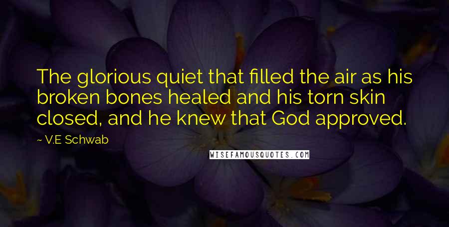 V.E Schwab Quotes: The glorious quiet that filled the air as his broken bones healed and his torn skin closed, and he knew that God approved.