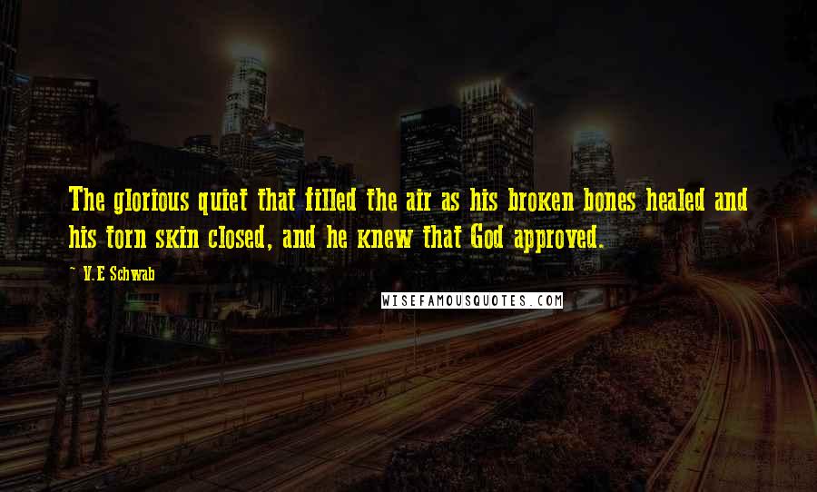 V.E Schwab Quotes: The glorious quiet that filled the air as his broken bones healed and his torn skin closed, and he knew that God approved.