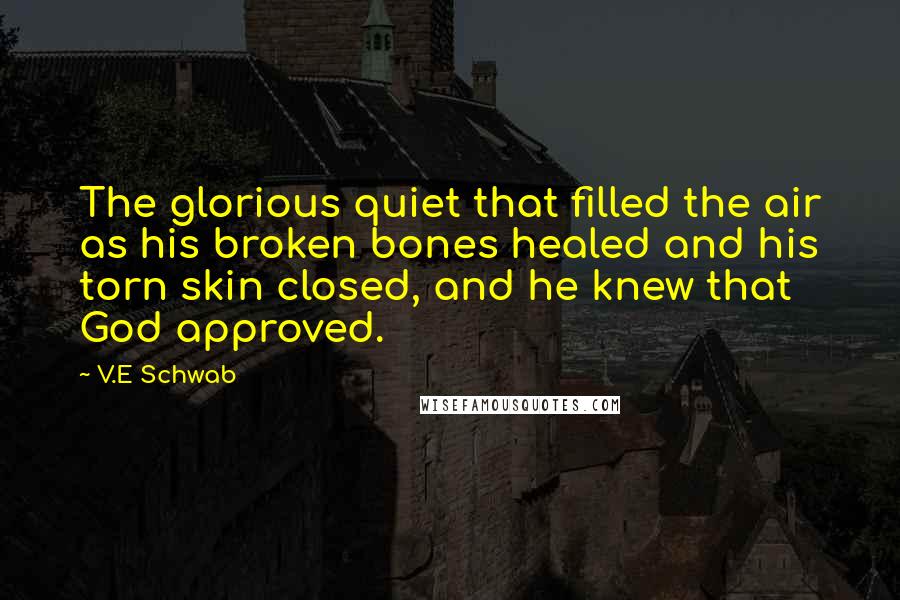 V.E Schwab Quotes: The glorious quiet that filled the air as his broken bones healed and his torn skin closed, and he knew that God approved.