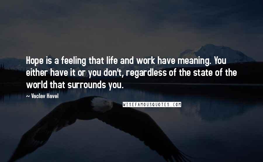 Vaclav Havel Quotes: Hope is a feeling that life and work have meaning. You either have it or you don't, regardless of the state of the world that surrounds you.