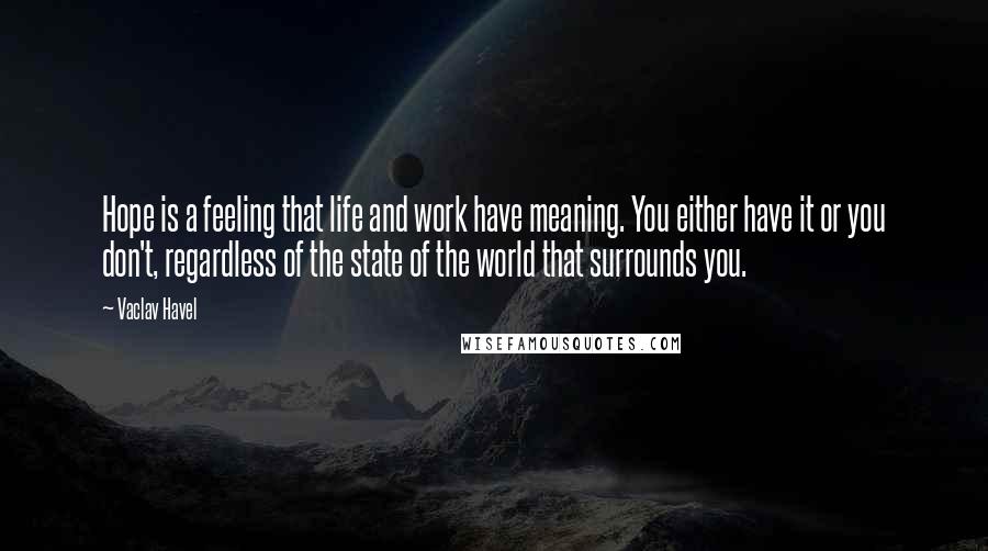 Vaclav Havel Quotes: Hope is a feeling that life and work have meaning. You either have it or you don't, regardless of the state of the world that surrounds you.