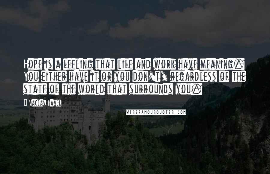 Vaclav Havel Quotes: Hope is a feeling that life and work have meaning. You either have it or you don't, regardless of the state of the world that surrounds you.