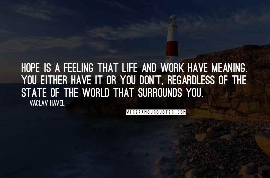 Vaclav Havel Quotes: Hope is a feeling that life and work have meaning. You either have it or you don't, regardless of the state of the world that surrounds you.