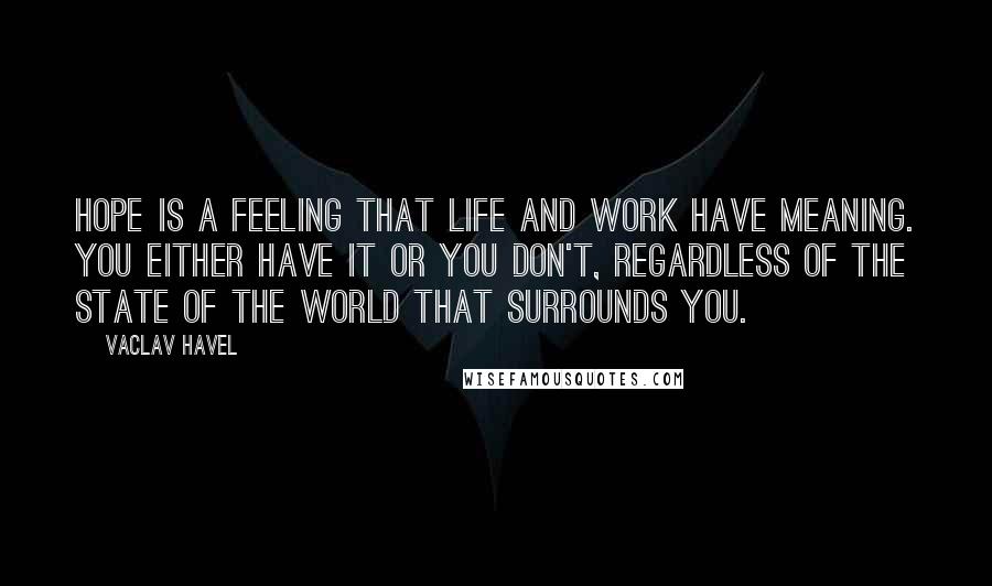 Vaclav Havel Quotes: Hope is a feeling that life and work have meaning. You either have it or you don't, regardless of the state of the world that surrounds you.