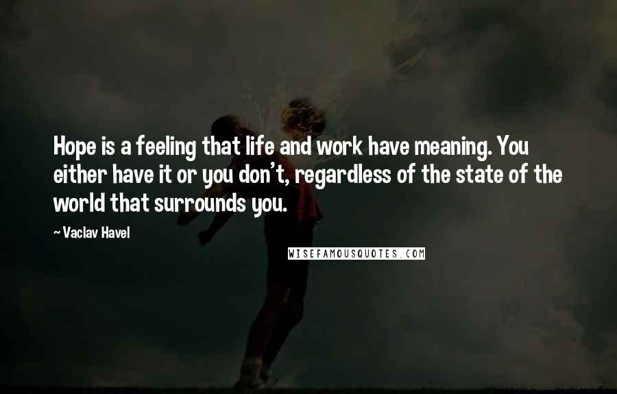 Vaclav Havel Quotes: Hope is a feeling that life and work have meaning. You either have it or you don't, regardless of the state of the world that surrounds you.