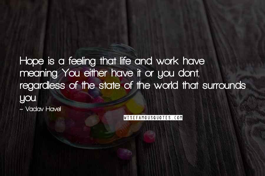 Vaclav Havel Quotes: Hope is a feeling that life and work have meaning. You either have it or you don't, regardless of the state of the world that surrounds you.
