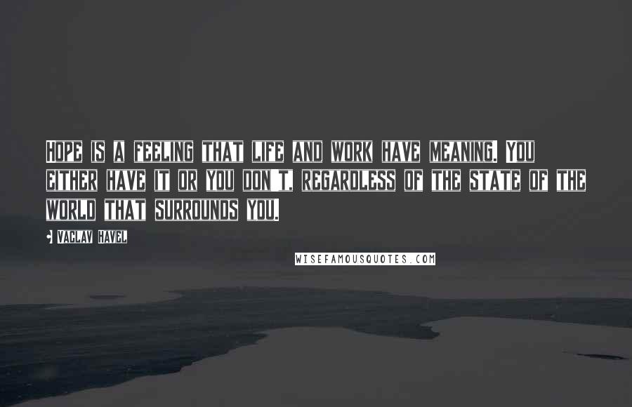 Vaclav Havel Quotes: Hope is a feeling that life and work have meaning. You either have it or you don't, regardless of the state of the world that surrounds you.
