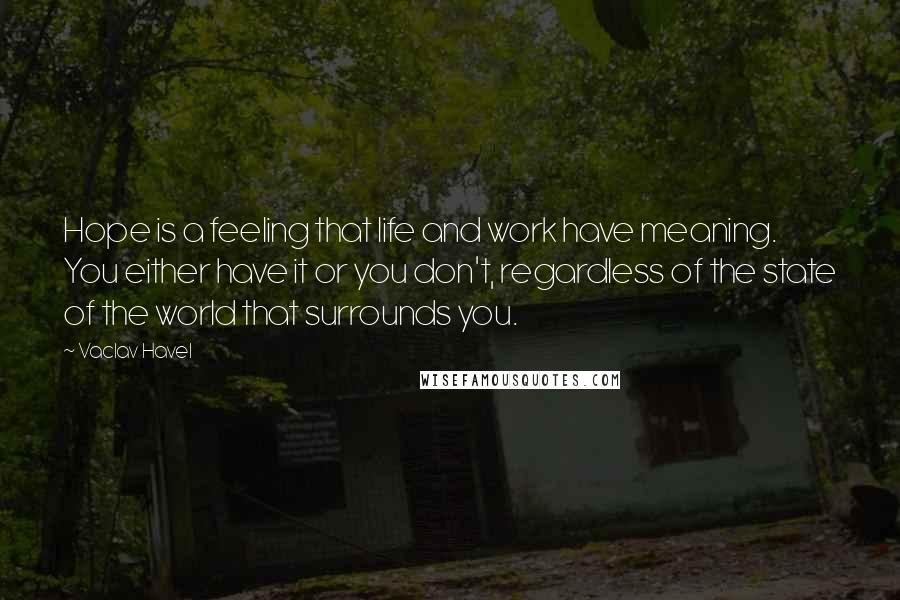 Vaclav Havel Quotes: Hope is a feeling that life and work have meaning. You either have it or you don't, regardless of the state of the world that surrounds you.