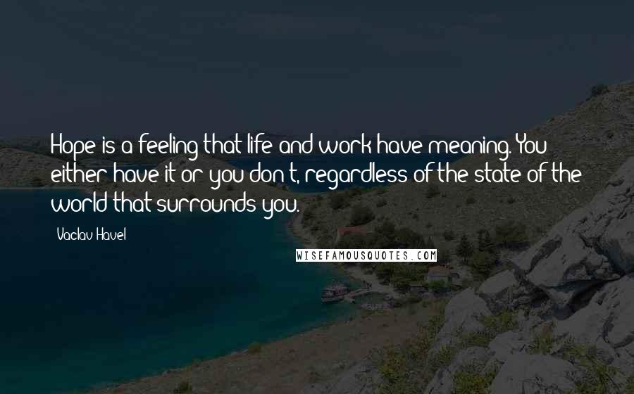 Vaclav Havel Quotes: Hope is a feeling that life and work have meaning. You either have it or you don't, regardless of the state of the world that surrounds you.
