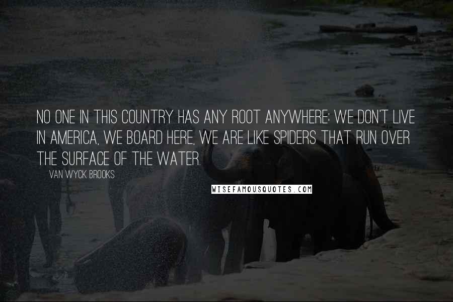 Van Wyck Brooks Quotes: No one in this country has any root anywhere; we don't live in America, we board here, we are like spiders that run over the surface of the water.