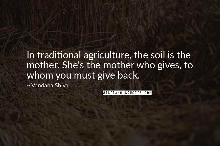 Vandana Shiva Quotes: In traditional agriculture, the soil is the mother. She's the mother who gives, to whom you must give back.