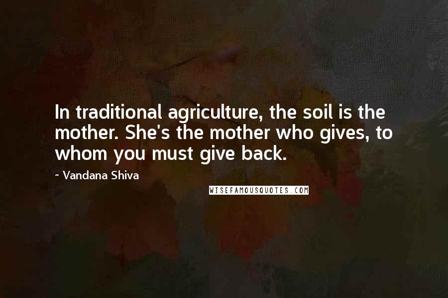 Vandana Shiva Quotes: In traditional agriculture, the soil is the mother. She's the mother who gives, to whom you must give back.