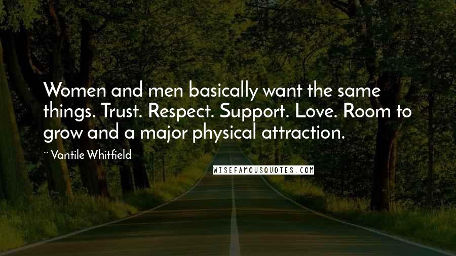 Vantile Whitfield Quotes: Women and men basically want the same things. Trust. Respect. Support. Love. Room to grow and a major physical attraction.