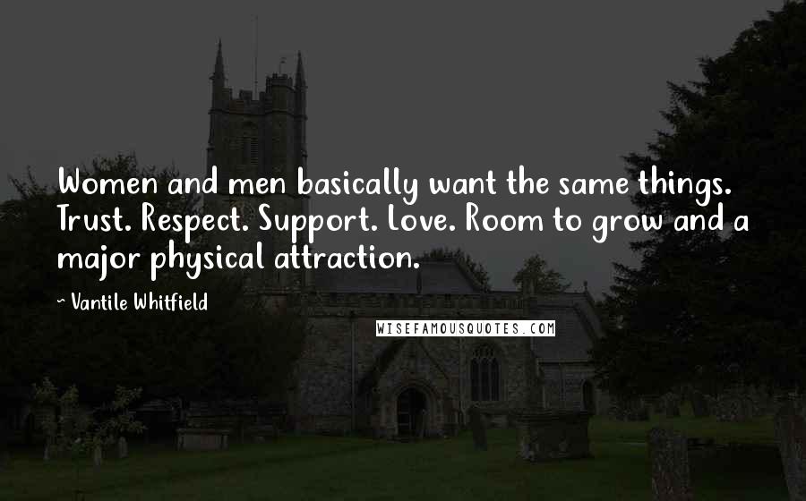 Vantile Whitfield Quotes: Women and men basically want the same things. Trust. Respect. Support. Love. Room to grow and a major physical attraction.