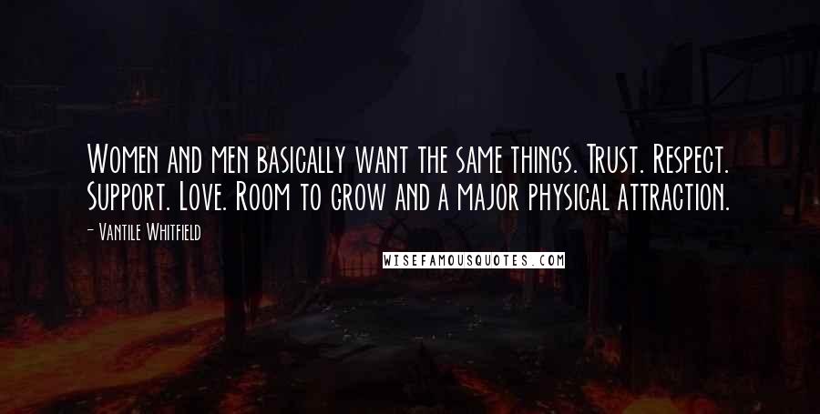 Vantile Whitfield Quotes: Women and men basically want the same things. Trust. Respect. Support. Love. Room to grow and a major physical attraction.