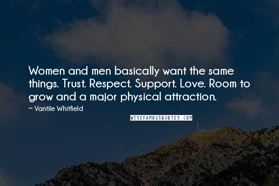 Vantile Whitfield Quotes: Women and men basically want the same things. Trust. Respect. Support. Love. Room to grow and a major physical attraction.