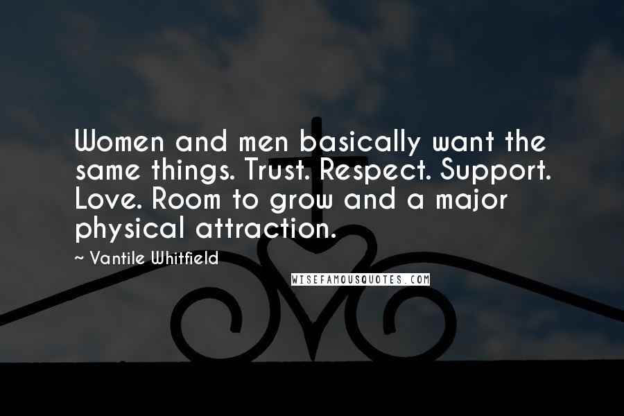 Vantile Whitfield Quotes: Women and men basically want the same things. Trust. Respect. Support. Love. Room to grow and a major physical attraction.