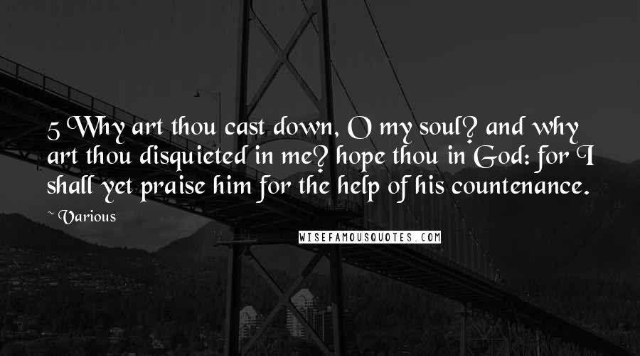 Various Quotes: 5 Why art thou cast down, O my soul? and why art thou disquieted in me? hope thou in God: for I shall yet praise him for the help of his countenance.