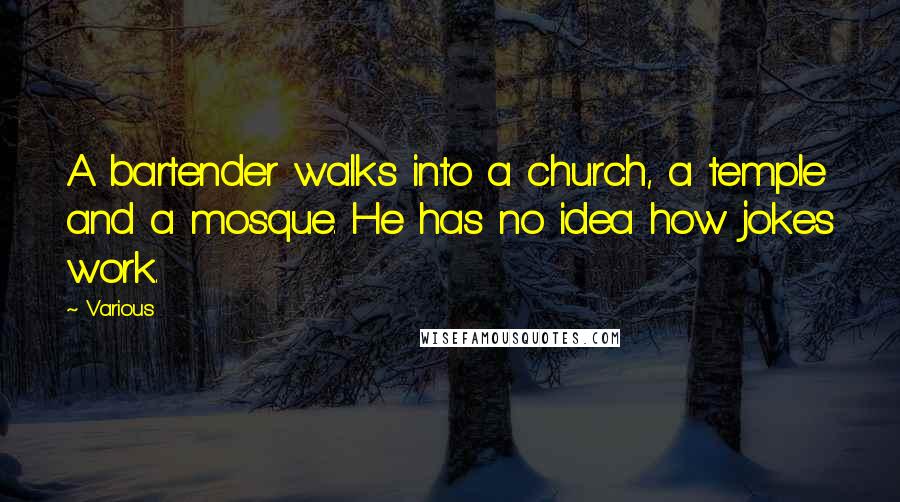 Various Quotes: A bartender walks into a church, a temple and a mosque. He has no idea how jokes work.
