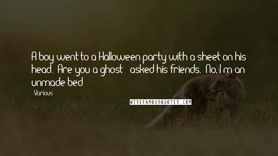 Various Quotes: A boy went to a Halloween party with a sheet on his head. "Are you a ghost?" asked his friends. "No, I'm an unmade bed!