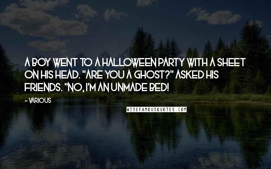 Various Quotes: A boy went to a Halloween party with a sheet on his head. "Are you a ghost?" asked his friends. "No, I'm an unmade bed!
