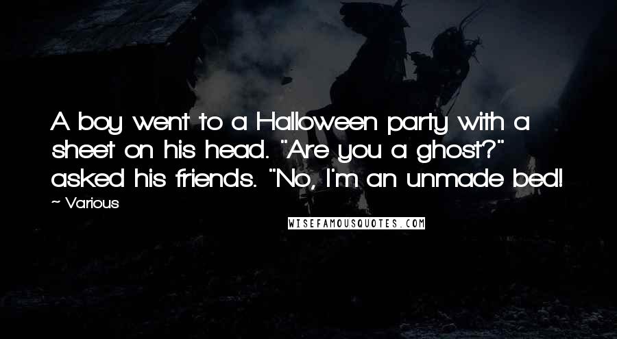 Various Quotes: A boy went to a Halloween party with a sheet on his head. "Are you a ghost?" asked his friends. "No, I'm an unmade bed!
