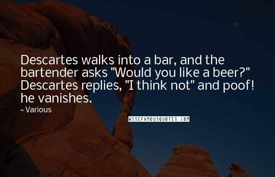 Various Quotes: Descartes walks into a bar, and the bartender asks "Would you like a beer?" Descartes replies, "I think not" and poof! he vanishes.