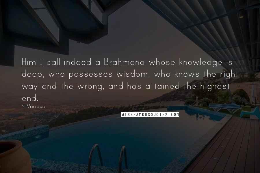 Various Quotes: Him I call indeed a Brahmana whose knowledge is deep, who possesses wisdom, who knows the right way and the wrong, and has attained the highest end.
