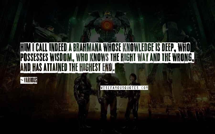 Various Quotes: Him I call indeed a Brahmana whose knowledge is deep, who possesses wisdom, who knows the right way and the wrong, and has attained the highest end.