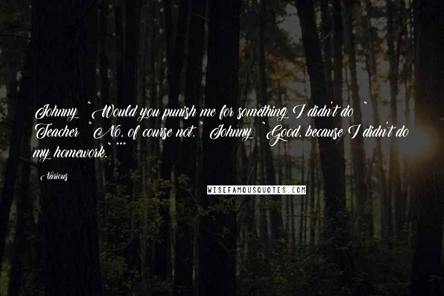 Various Quotes: Johnny: "Would you punish me for something I didn't do? " Teacher: "No, of course not. " Johnny: "Good, because I didn't do my homework." ***