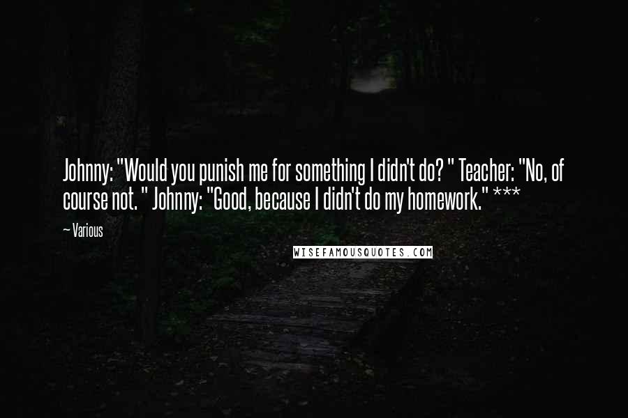 Various Quotes: Johnny: "Would you punish me for something I didn't do? " Teacher: "No, of course not. " Johnny: "Good, because I didn't do my homework." ***