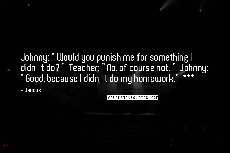 Various Quotes: Johnny: "Would you punish me for something I didn't do? " Teacher: "No, of course not. " Johnny: "Good, because I didn't do my homework." ***