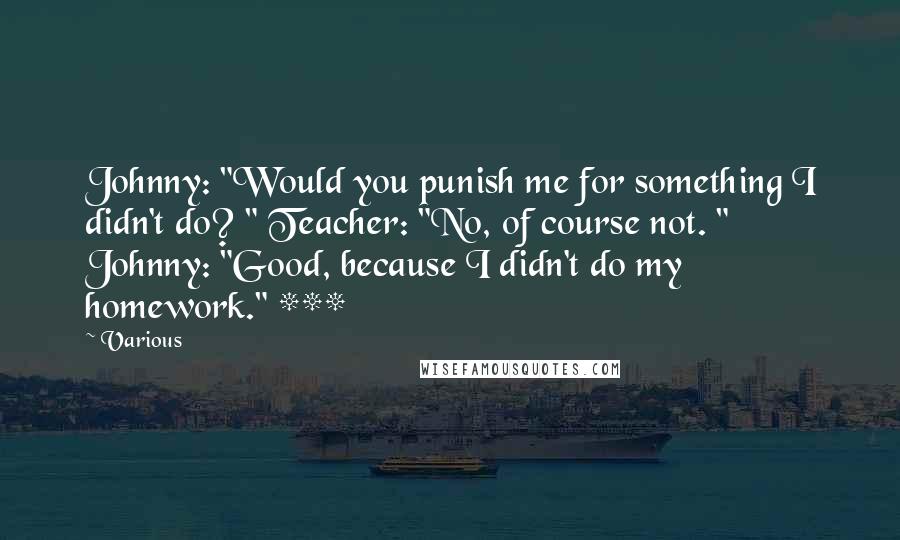 Various Quotes: Johnny: "Would you punish me for something I didn't do? " Teacher: "No, of course not. " Johnny: "Good, because I didn't do my homework." ***