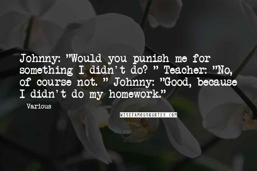Various Quotes: Johnny: "Would you punish me for something I didn't do? " Teacher: "No, of course not. " Johnny: "Good, because I didn't do my homework." ***