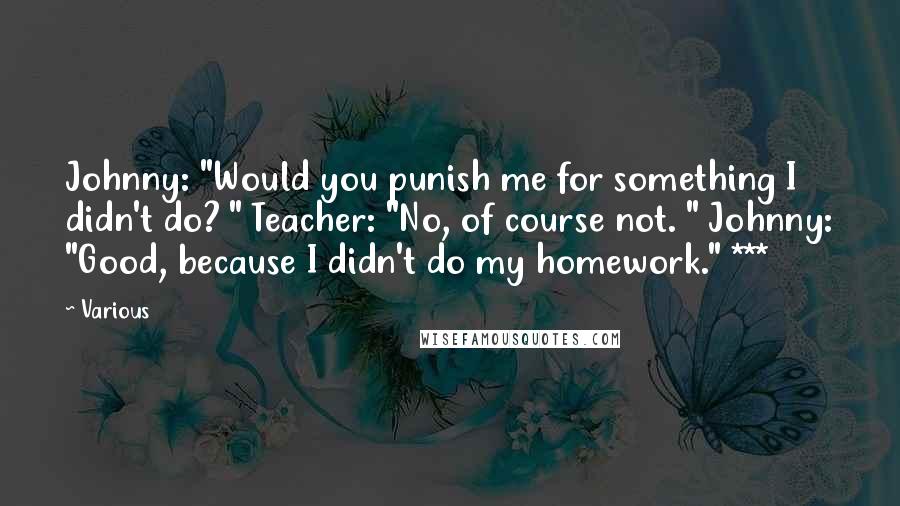 Various Quotes: Johnny: "Would you punish me for something I didn't do? " Teacher: "No, of course not. " Johnny: "Good, because I didn't do my homework." ***