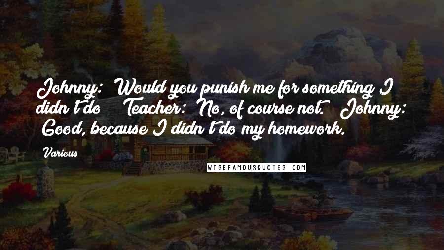 Various Quotes: Johnny: "Would you punish me for something I didn't do? " Teacher: "No, of course not. " Johnny: "Good, because I didn't do my homework." ***