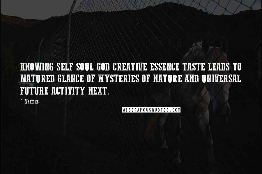 Various Quotes: KNOWING SELF SOUL GOD CREATIVE ESSENCE TASTE LEADS TO MATURED GLANCE OF MYSTERIES OF NATURE AND UNIVERSAL FUTURE ACTIVITY NEXT.