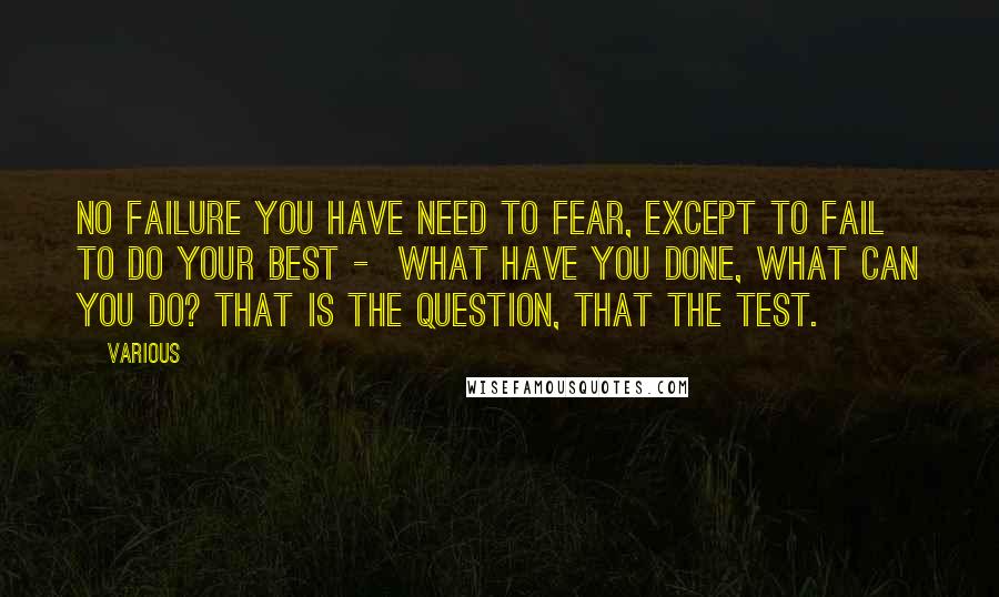 Various Quotes: No failure you have need to fear, Except to fail to do your best -  What have you done, what can you do? That is the question, that the test.