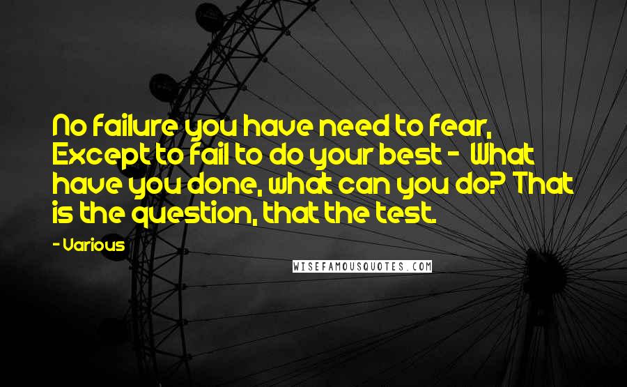 Various Quotes: No failure you have need to fear, Except to fail to do your best -  What have you done, what can you do? That is the question, that the test.