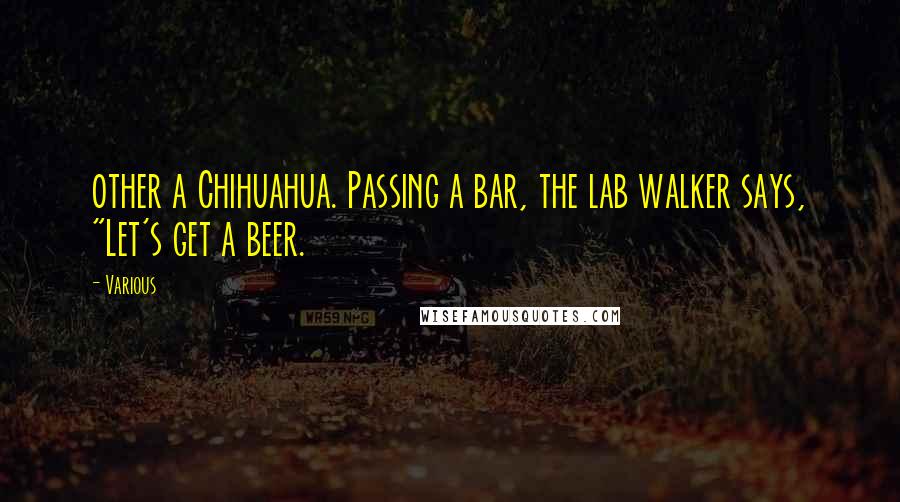 Various Quotes: other a Chihuahua. Passing a bar, the lab walker says, "Let's get a beer.