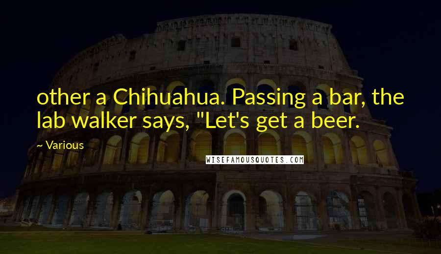 Various Quotes: other a Chihuahua. Passing a bar, the lab walker says, "Let's get a beer.