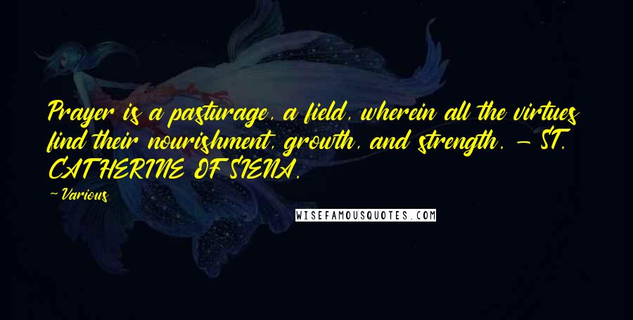 Various Quotes: Prayer is a pasturage, a field, wherein all the virtues find their nourishment, growth, and strength. - ST. CATHERINE OF SIENA.
