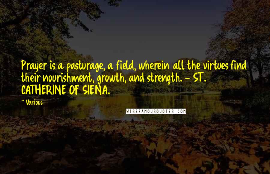 Various Quotes: Prayer is a pasturage, a field, wherein all the virtues find their nourishment, growth, and strength. - ST. CATHERINE OF SIENA.
