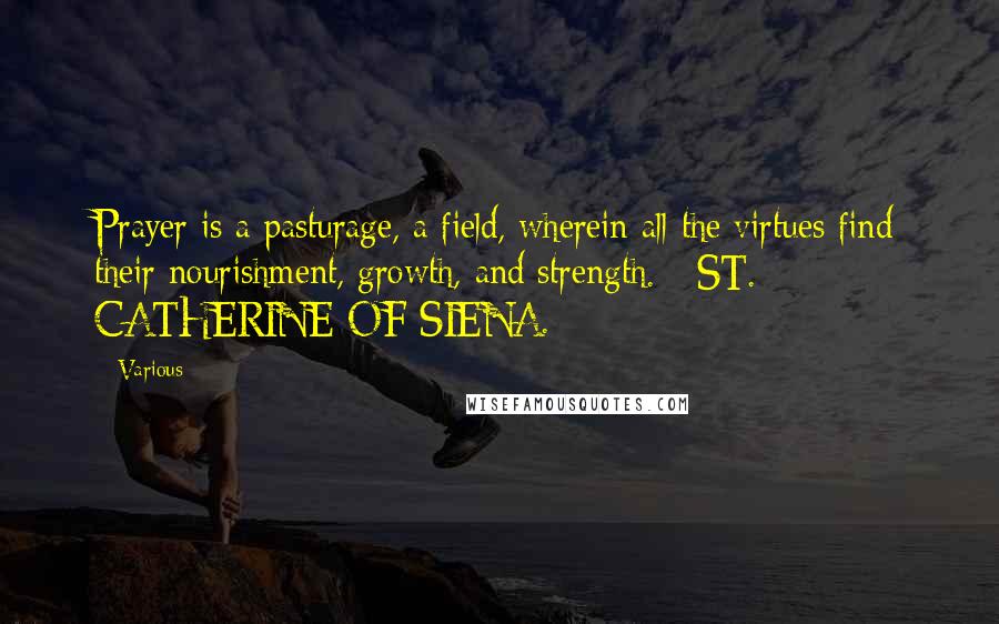 Various Quotes: Prayer is a pasturage, a field, wherein all the virtues find their nourishment, growth, and strength. - ST. CATHERINE OF SIENA.