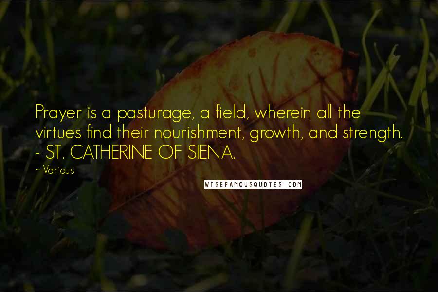 Various Quotes: Prayer is a pasturage, a field, wherein all the virtues find their nourishment, growth, and strength. - ST. CATHERINE OF SIENA.